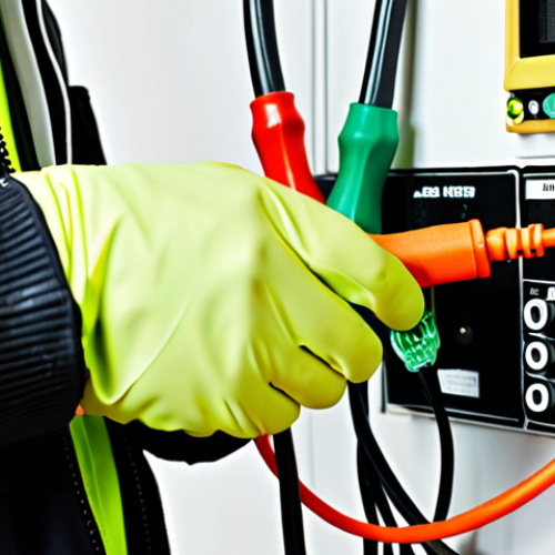 Home 15 A close-up illustration showing the correct use of safety equipment for electrical work. Focus on a person wearing rubber gloves and safety glasses, using insulated tools on electrical wiring. Highlight the color coding of the wires (black, white, green) for easy identification.