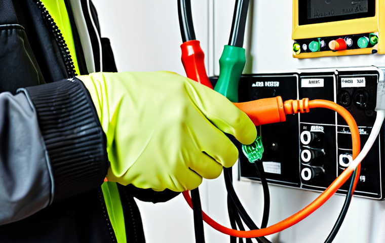 A close-up illustration showing the correct use of safety equipment for electrical work. Focus on a person wearing rubber gloves and safety glasses, using insulated tools on electrical wiring. Highlight the color coding of the wires (black, white, green) for easy identification.