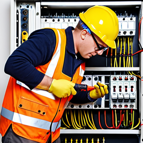 Home 14 A professional electrician, dressed in safety glasses, insulated gloves, and safety shoes, meticulously works on a residential electrical panel. They are holding an insulated screwdriver, tightening a wire connection. A digital multimeter rests on a clean, well-lit workbench nearby, symbolizing precision and safety. The scene highlights essential tools and the paramount importance of safety in electrical work.
