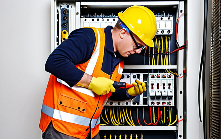 A professional electrician, dressed in safety glasses, insulated gloves, and safety shoes, meticulously works on a residential electrical panel. They are holding an insulated screwdriver, tightening a wire connection. A digital multimeter rests on a clean, well-lit workbench nearby, symbolizing precision and safety. The scene highlights essential tools and the paramount importance of safety in electrical work.