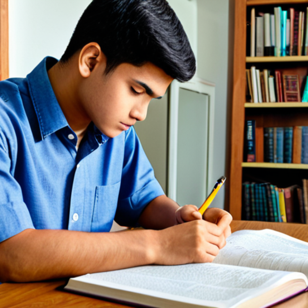 A focused male student in a modest, casual shirt, deeply engrossed in studying electrical engineering textbooks at a traditional wooden desk. The desk is neatly organized with open textbooks, handwritten notes, and a few pens, reflecting a conventional study approach. The background shows a simple, well-lit study room with a classic bookshelf filled with technical books. Fully clothed, appropriate attire, natural pose, safe for work, appropriate content, professional, perfect anatomy, correct proportions, well-formed hands, proper finger count, natural body proportions, professional photography, high quality, realistic lighting.