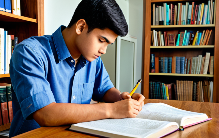 A focused male student in a modest, casual shirt, deeply engrossed in studying electrical engineering textbooks at a traditional wooden desk. The desk is neatly organized with open textbooks, handwritten notes, and a few pens, reflecting a conventional study approach. The background shows a simple, well-lit study room with a classic bookshelf filled with technical books. Fully clothed, appropriate attire, natural pose, safe for work, appropriate content, professional, perfect anatomy, correct proportions, well-formed hands, proper finger count, natural body proportions, professional photography, high quality, realistic lighting.