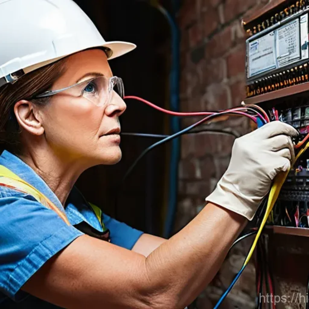 전기공사 일상 업무 사례 공유 - **Prompt:** A focused, experienced electrician, a woman in her late 40s, wearing clean work overalls...