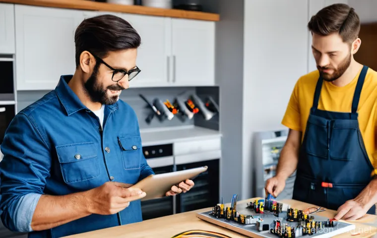 전기공사 일상 업무 사례 공유 - **Prompt:** A male electrician in his 30s, of diverse ethnicity, demonstrating impeccable safety pra...