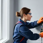 Home 19 전기공사 기술직 이직 성공 사례 - **Smart Home Electrician at Work**
A highly detailed, realistic photograph of a focused female e...