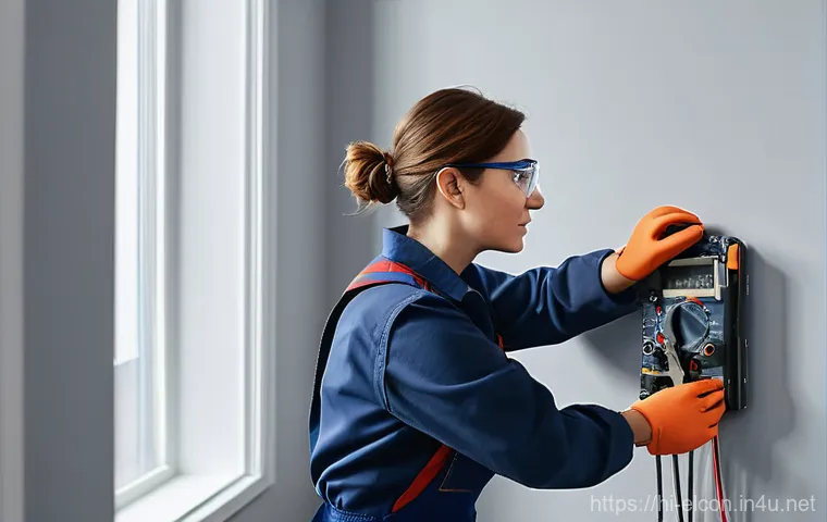 전기공사 기술직 이직 성공 사례 - **Smart Home Electrician at Work**
    A highly detailed, realistic photograph of a focused female e...