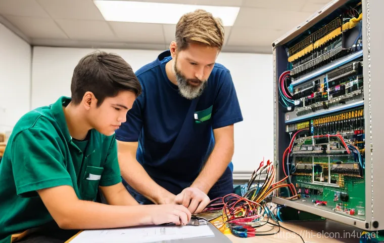 전기공사 기술직 이직 성공 사례 - **Collaborative Solar Panel Installation**
    A dynamic, cinematic wide-angle shot of a diverse tea...