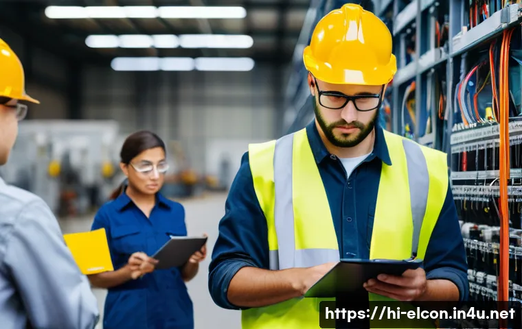 전기공사 안전 관리 체계 이해 - **Prompt:** "A diverse group of professional industrial workers (male and female, various ethnicitie...