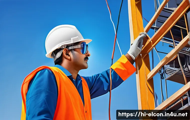전기공사기사 시험 커리큘럼 분석 - A detailed, realistic illustration of an Indian electrical contractor at a construction site, wearin...