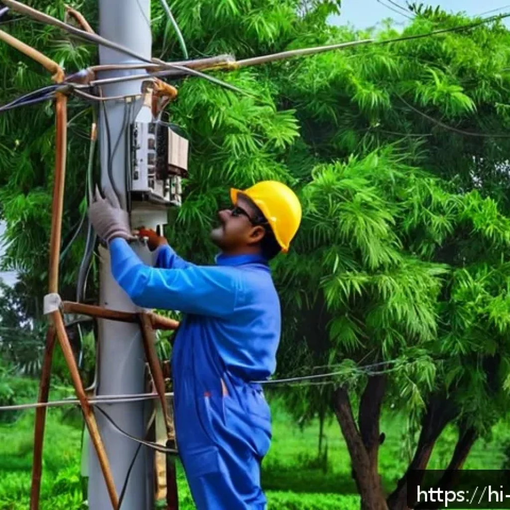 전기공사 실무 경험이 중요한 이유 - A detailed scene of an experienced Indian electrician working on a high-voltage power line outdoors ...