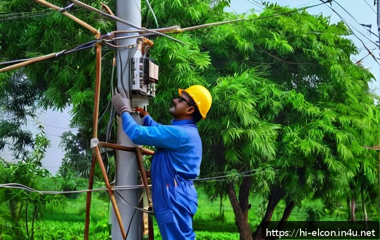전기공사 실무 경험이 중요한 이유 - A detailed scene of an experienced Indian electrician working on a high-voltage power line outdoors ...