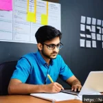 전기공사 자격증 공부 중 동기부여 유지 방법 - A focused Indian student sitting at a clean, organized study desk in a quiet room, surrounded by tex...