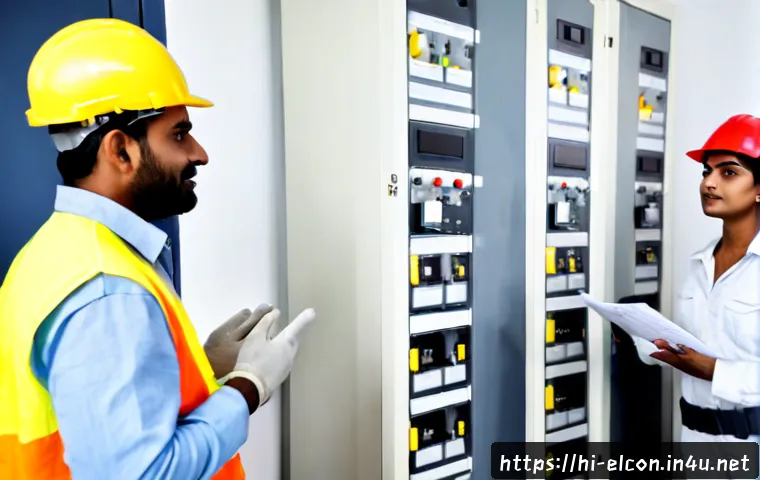 Home 17 전기공사 직무에 필요한 소프트스킬 - Photorealistic Indian electrical work team in a bright modern commercial building, experienced elect...